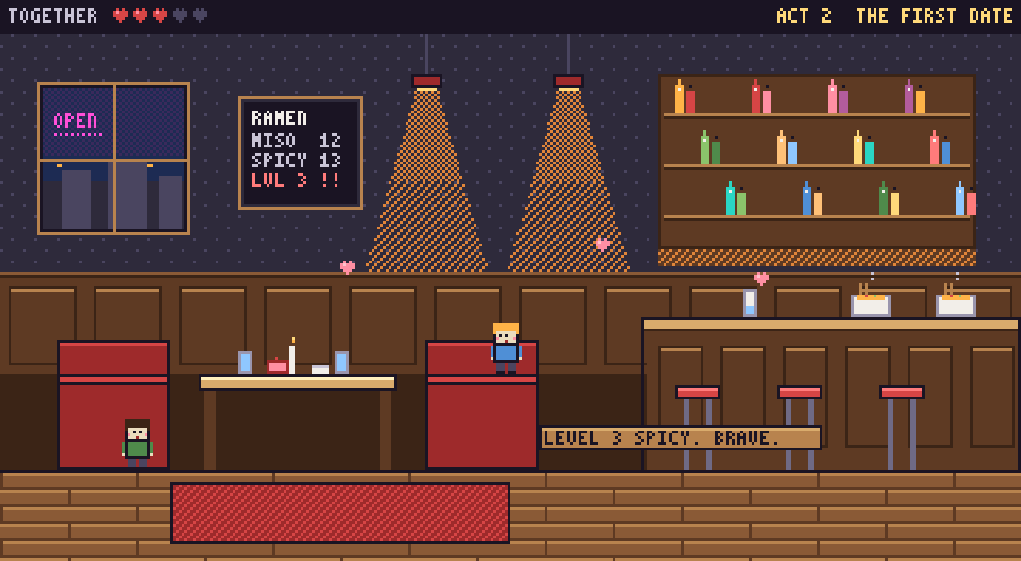 Pixel-art scene: a bar at night, two small characters at the counter